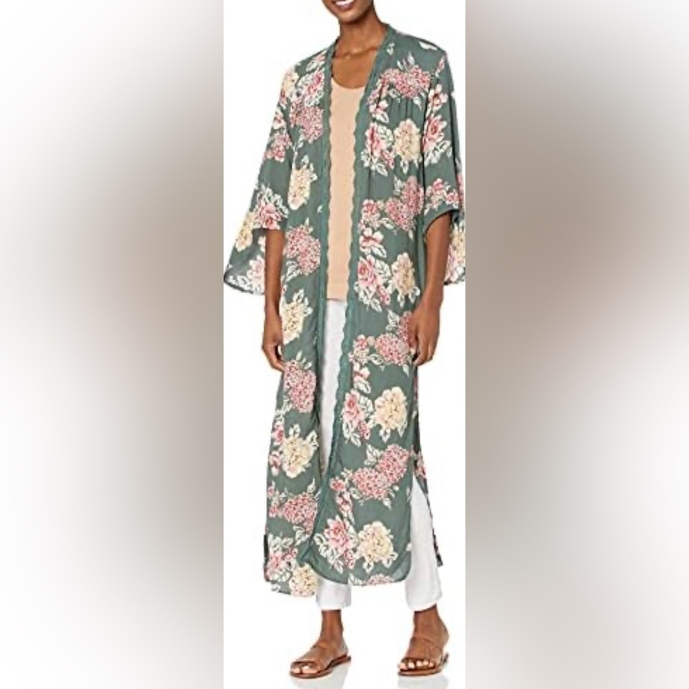 Angie|Boho Floral Green Kimono Duster,open front longline,lace crotchet trim•Med